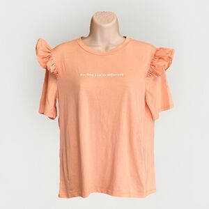 Zara Ruffle Short Sleeve Graphic Logo T Shirt Pastel Womens S Orange Peach Girly